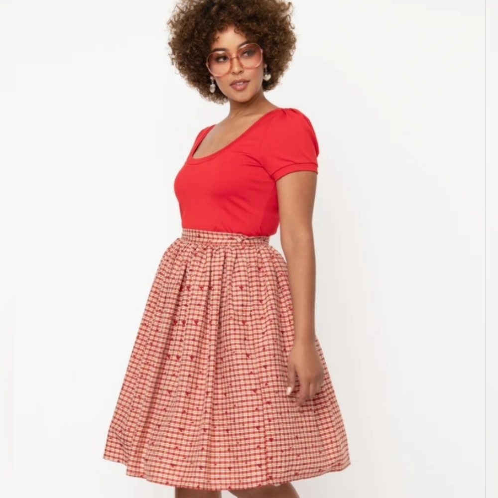 Red Plaid & Hearts Gellar Swing Skirt